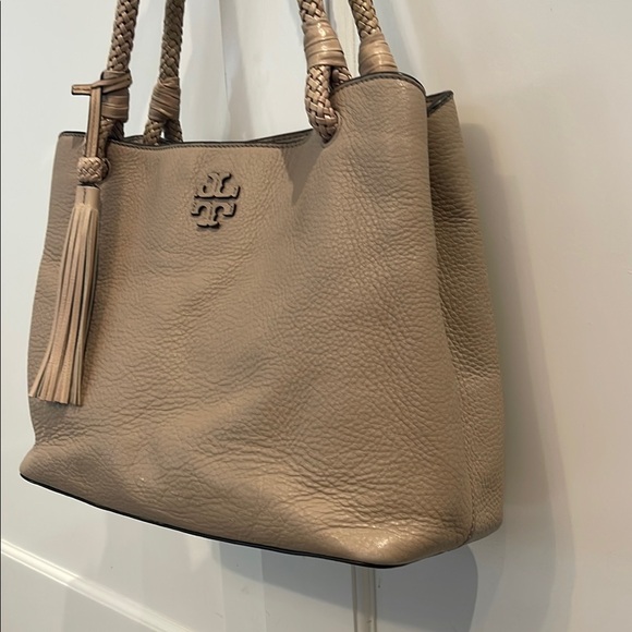 Tory Burch Tan Pebbled Leather Tote with Tassel - Picture 2 of 12
